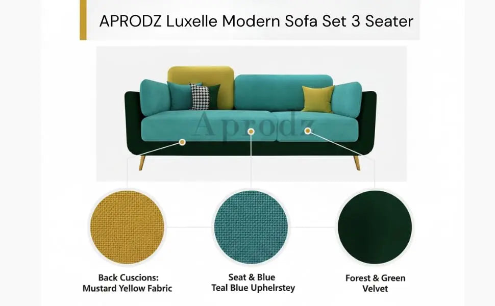Luxelle Modern Sofa 3 Seater Velvet Upholstered Sofa Set with Tufted Backrest Cushioned Seating Tipped Wooden Legs Couch for Living Room & Lounge (Teal/Yellow) 