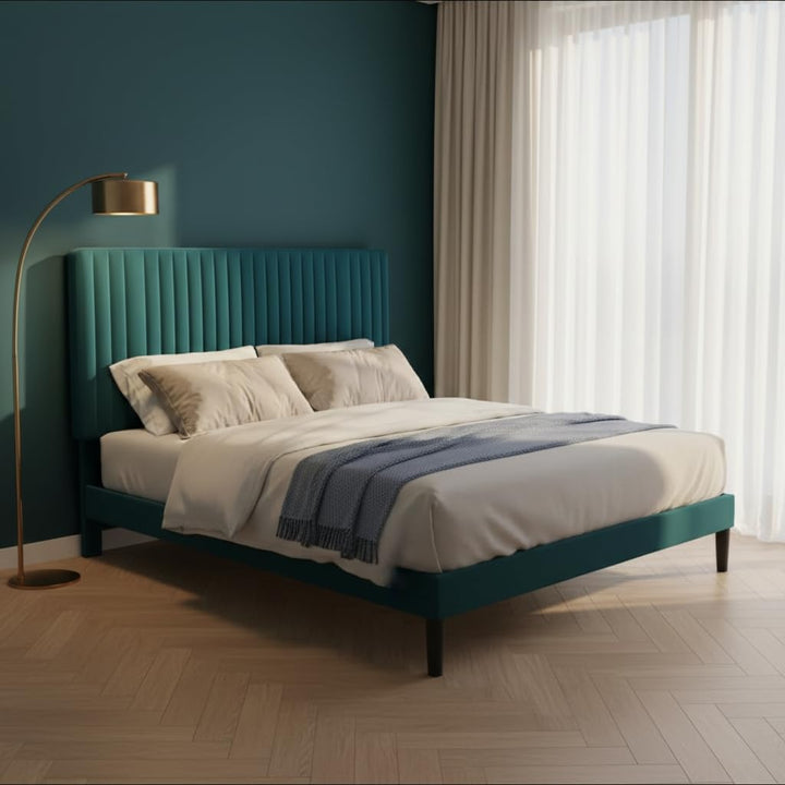 Translation missing: en.Upholstered Platform Bed with Adjustable Headboard, Leg Wood Black + Black Fabric 