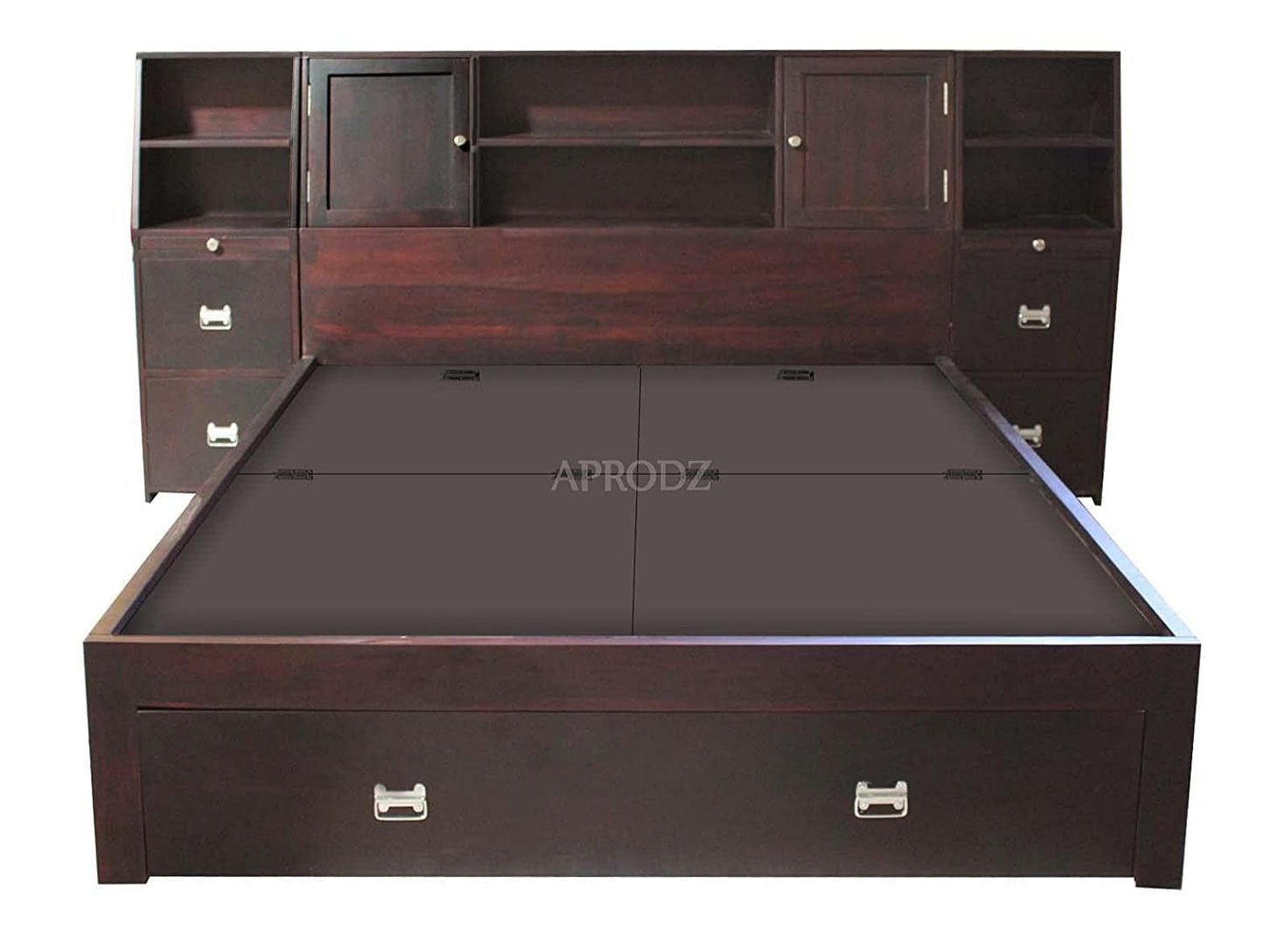 APRODZ Solid Wood Storage Queen Size Trapez Bed and 2 Side Table for Bedroom Stylish | Mohogany Finish