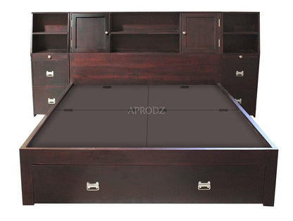 APRODZ Solid Wood Storage Queen Size Trapez Bed and 2 Side Table for Bedroom Stylish | Mohogany Finish