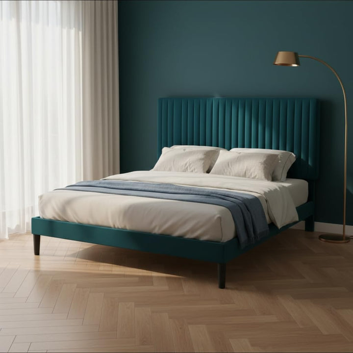 Translation missing: en.Upholstered Platform Bed with Adjustable Headboard, Leg Wood Black + Black Fabric 