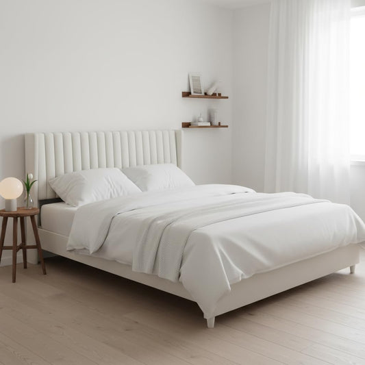 Upholstered Bed Frame with Channel Tufted Headboard, Beige + Leg Wood Black 