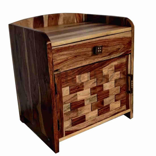 Solid Sheesham Wood Bedside Table with Storage for Bedroom & Living Room Furniture (Teak Finish)