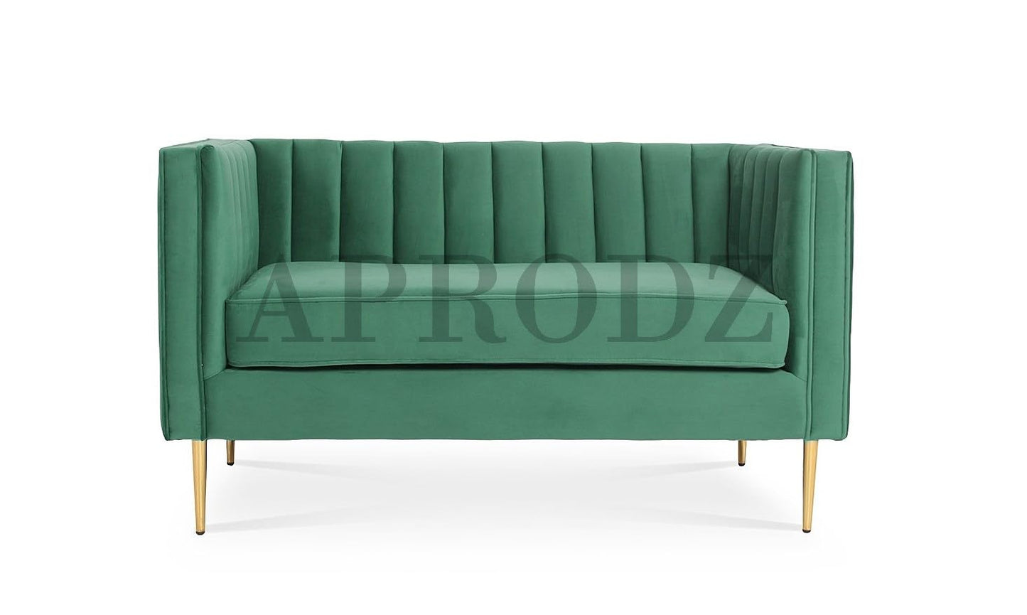 APRODZ James Upholstered and Metal 2 Seater Sofa for Living Room Home Office Furniture | (Upholstered - Mint Stretch Velvet + Gold Powdercoated)