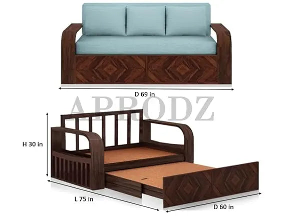 Translation missing: en.Sheesham Wood 3 Seater Sofa Cum Bed with Blue Upholstery | Diamond Pattern Design | Space-Saving Wooden Sofa Bed for Living Room  Sheesham Wood Sofa Cum Bed (3 Seater)