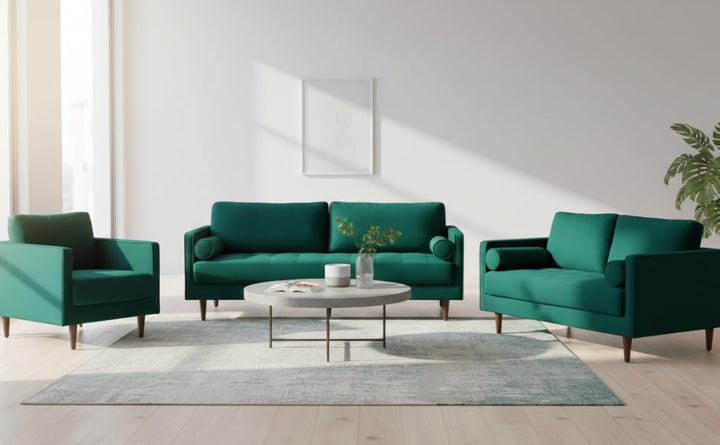Translation missing: en.MidCen Wooden 6 Seater 3+2+1 Sofa Set with High-Density Foam for Home &amp; Living Room (Upholstered- Dark Green Velvet Fabric) 