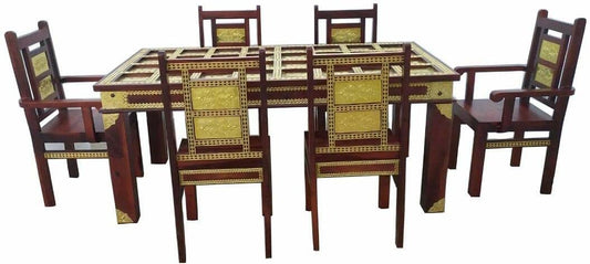 APRODZ Sheesham Wood Brass 6 Seater Dining Table Set Honey Finish