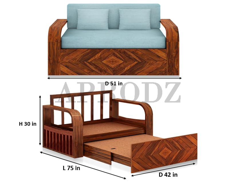 Sheesham Wood Sofa Cum Bed with Storage, 2 Seater, Teal Upholstery (75 x 51 x 30 Inch)
