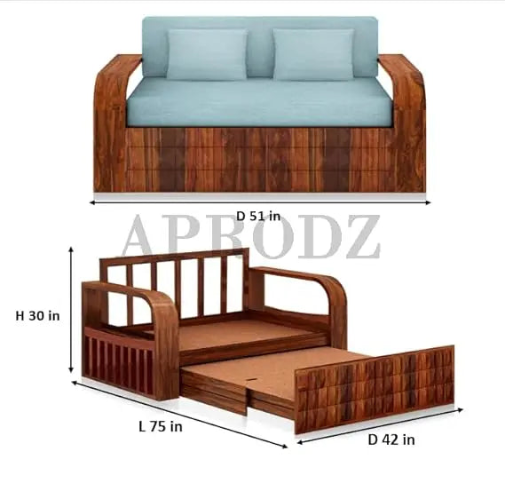 Sheesham Wood 2 Seater Sofa Cum Bed with Storage, (75 x 51 x 30 Inch) 
