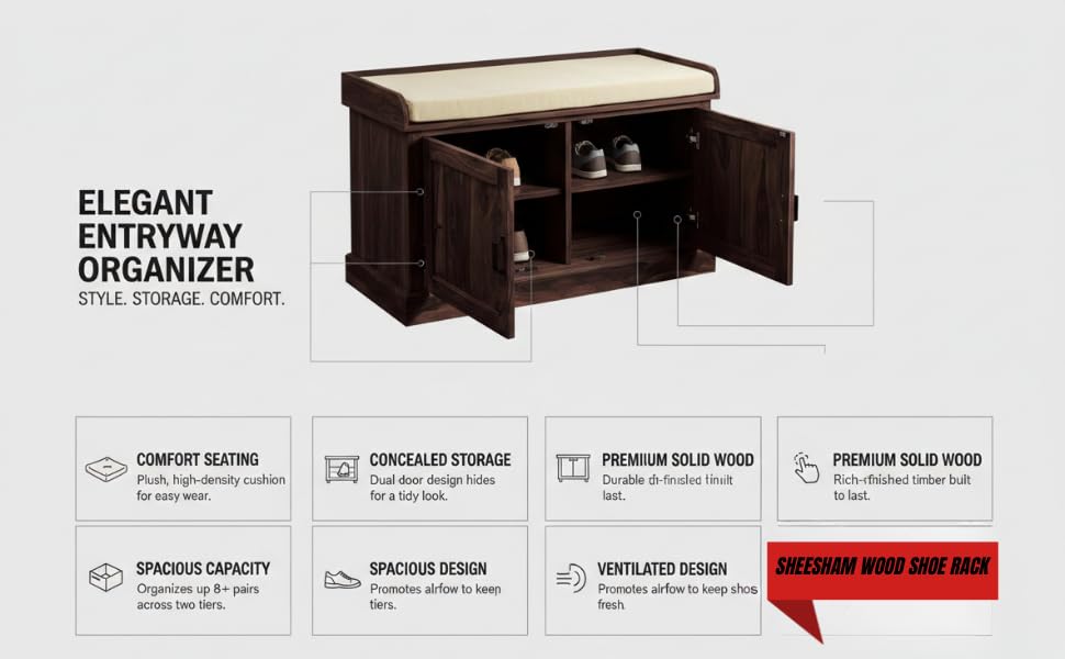 Wooden Multipurpose Cupboard & Shoe Rack – Spacious Storage Cabinet with Seating for Home, Entryway & Living Room (Large, Teak Finish) 