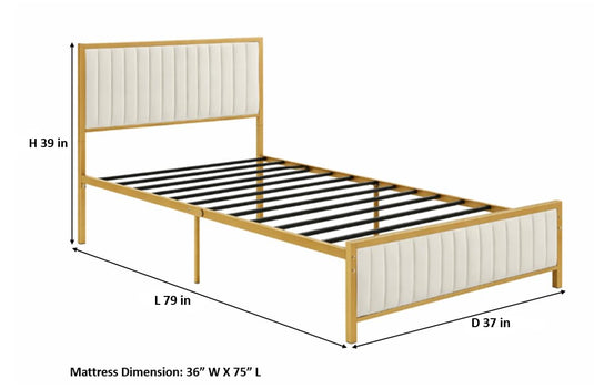 Translation missing: en.Upholstered Bed Modern Strip Headboard Footboard Platform Bed Frame with Heavy-Duty Metal Slats, No Box Spring Needed, Beige Fabric + Gold Powdercoated 