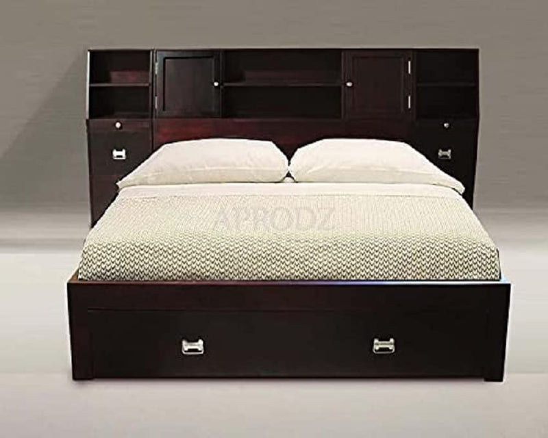 Solid Wood Storage Queen Size Trapez Bed and 2 Side Table for Bedroom Stylish | Mohogany Finish 