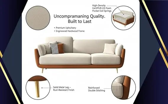 Translation missing: en.Luxelle Modern Sofa 3 Seater Velvet Removable Covers Sofa Set with Tufted Backrest Couch Cushioned Seating Tipped Wooden Legs Couch for Living Room &amp; Lounge (Tri-Tone) 
