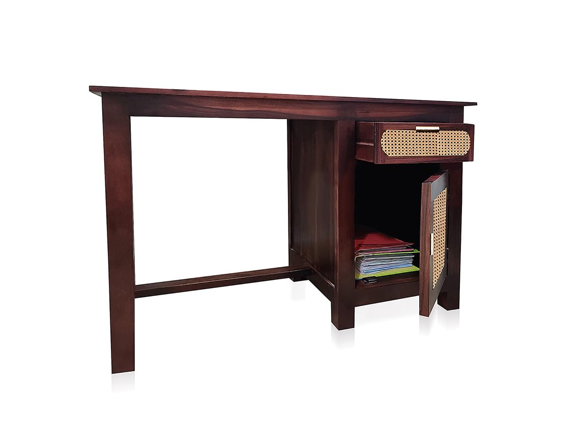 APRODZ Sheesham Wood and Cane Office Desk Study Computer Table for Study Room with 1 Drawer and 1 Door (Rosewood - Mahogany)