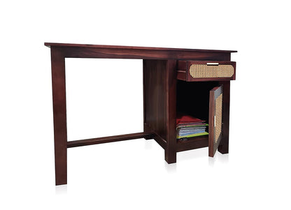 APRODZ Sheesham Wood and Cane Office Desk Study Computer Table for Study Room with 1 Drawer and 1 Door (Rosewood - Mahogany)