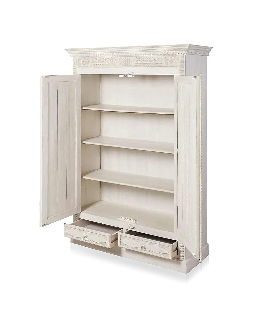 APRODZ Bianco Carved Mango Wood 2-Door Wardrobe Storage Almirah Cupboard for Cloths (Aged White)