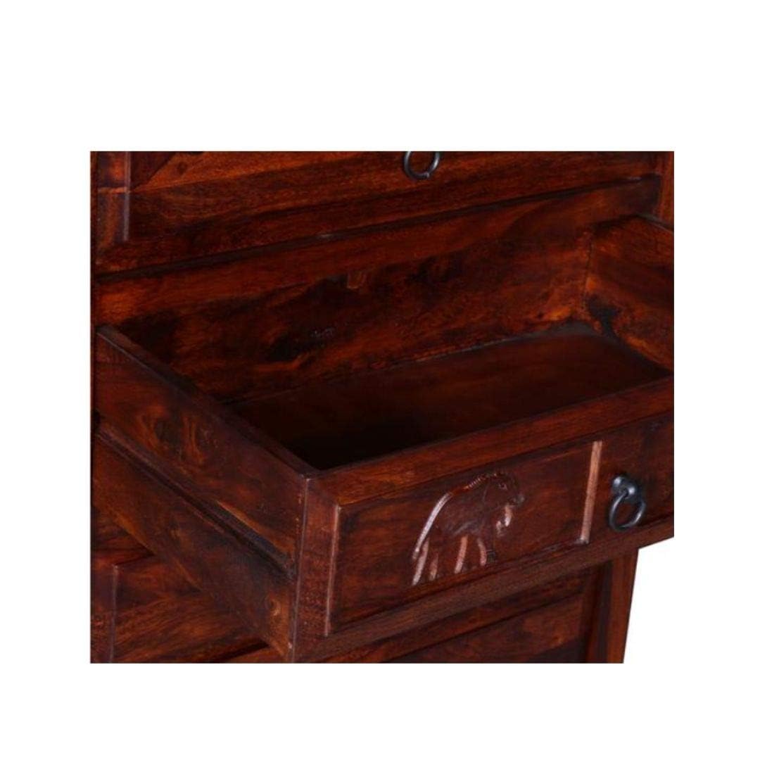 Wooden Storage Cabinet in Elephant Carved Design | Chest of 5 Drawers for Living Room | Sheesham Wood | Mahagony Finish