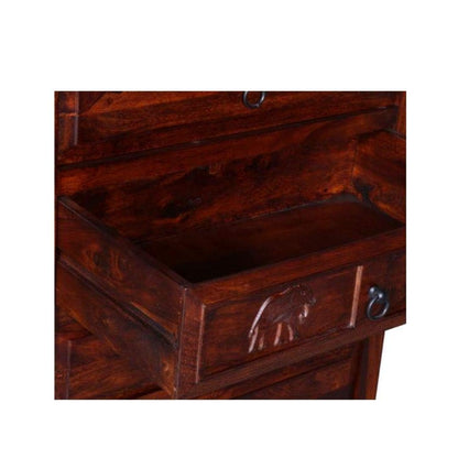 Wooden Storage Cabinet in Elephant Carved Design | Chest of 5 Drawers for Living Room | Sheesham Wood | Mahagony Finish