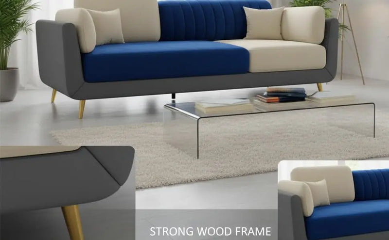 Luxelle Modern Sofa 3 Seater Velvet Removable Covers Sofa Set with Tufted Backrest Couch Cushioned Seating Tipped Wooden Legs Couch for Living Room & Lounge (Navyblue/Grey) 