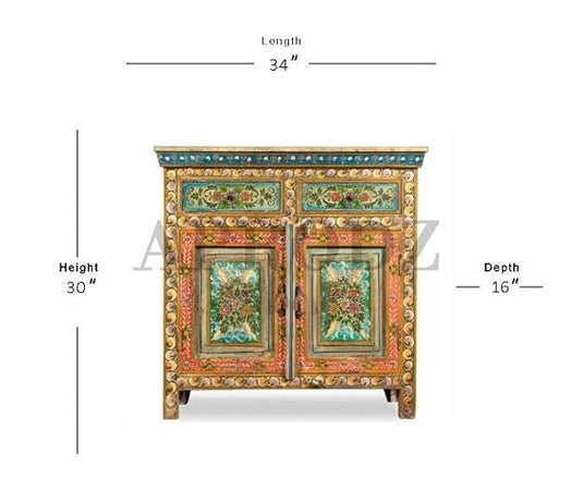 Translation missing: en.Wooden Handpainted Antique Cabinet with Door and Drawer Storage for Living Room (Multicolor) 