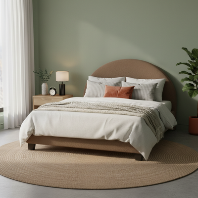 Upholstered Bed Frame, Green Fabric with Wooden Construction, Arched Headboard Platform Bed