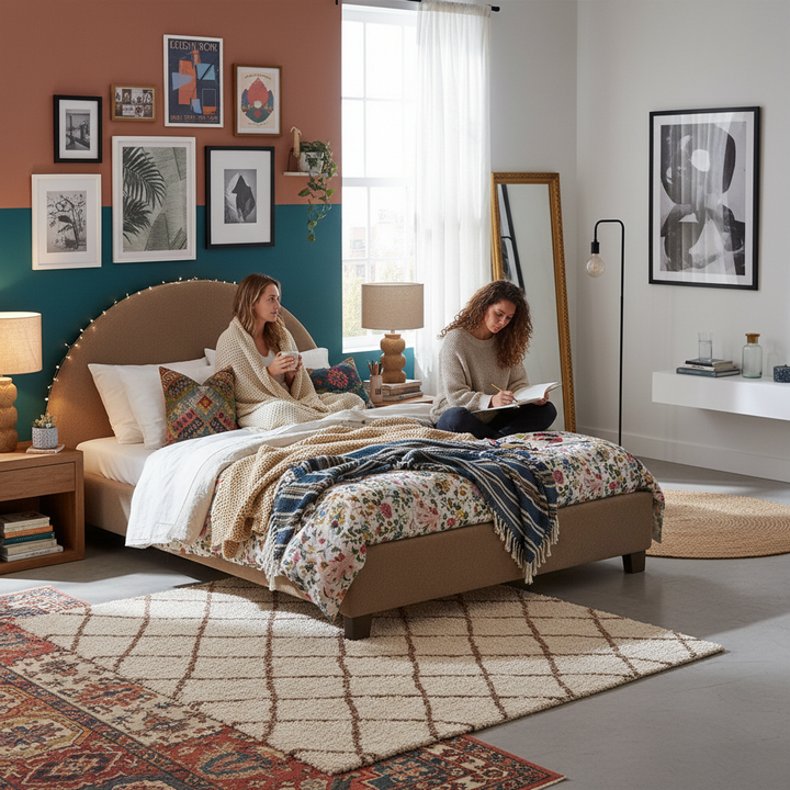 Translation missing: en.Upholstered Bed Frame, Green Fabric with Wooden Construction, Arched Headboard Platform Bed 