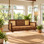 Wooden Cane Reversible Swing (Jhula) with Brown Tufted Cushions and Chain 