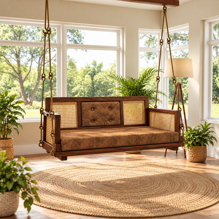 Translation missing: en.Wooden Cane Reversible Swing (Jhula) with Brown Tufted Cushions and Chain 