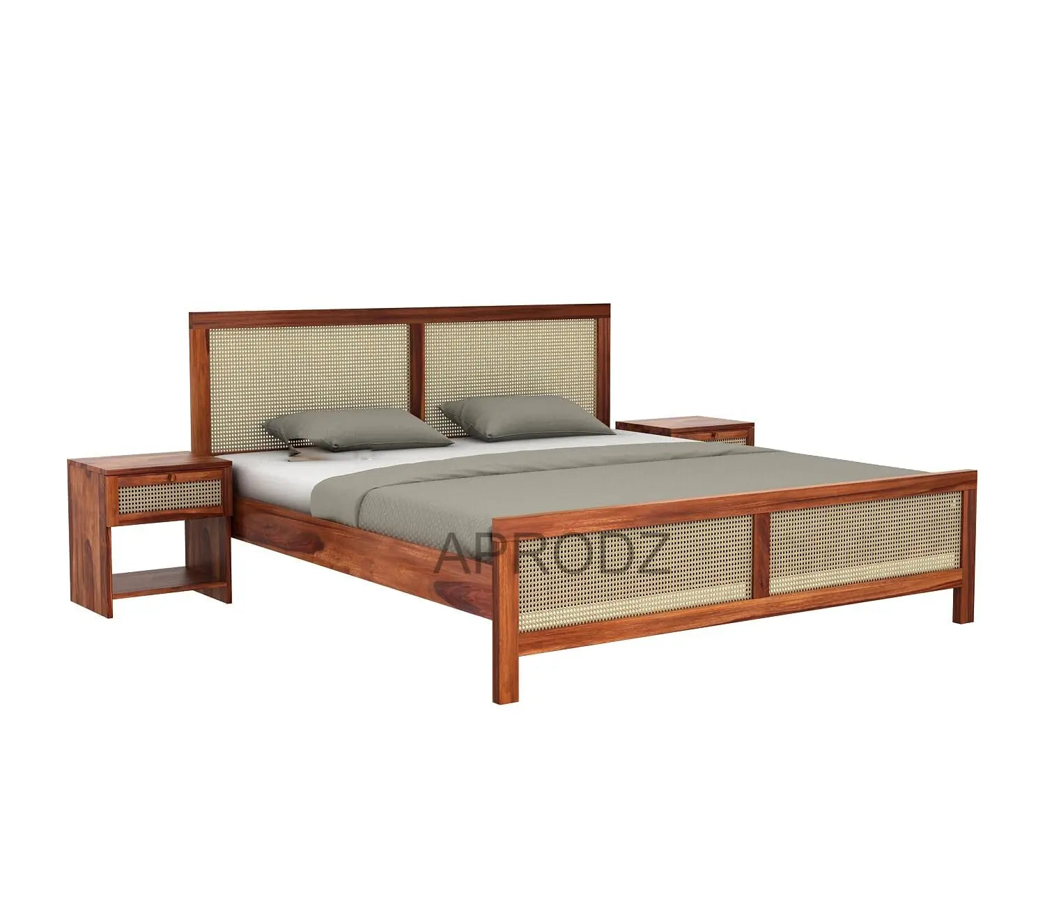 King Size & Queen Size Bed Frame with Cane Panels, Sheesham Wood, Modern Design 
