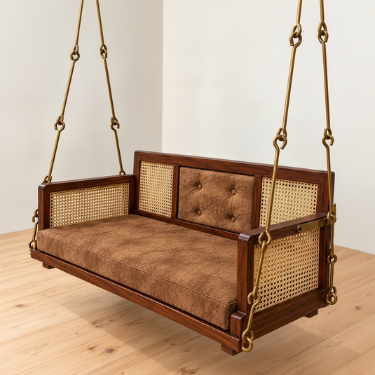 Translation missing: en.Wooden Cane Reversible Swing (Jhula) with Brown Tufted Cushions and Chain 