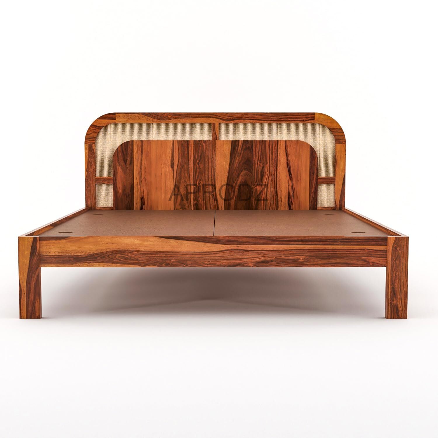 Sheesham Wood King Size & Queen Size Bed with Cane Headboard, Solid Wooden Frame 