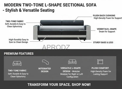 L-Shaped Sectional 6-Seater Sofa with Padded Armrest, Perfect Fabric Corner Sofa for Guests Living Room, Drawing Room, Office & Lounge (Grey/Dual Tone) 