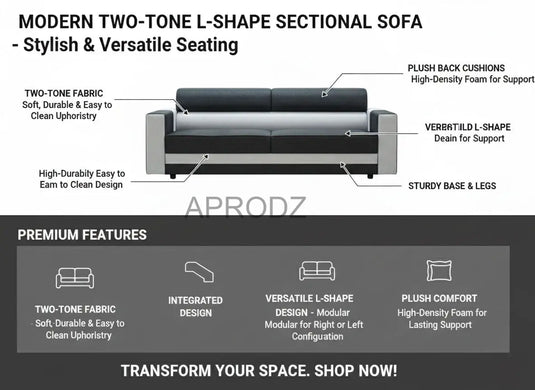 Translation missing: en.L-Shaped Sectional 6-Seater Sofa with Padded Armrest, Perfect Fabric Corner Sofa for Guests Living Room, Drawing Room, Office &amp; Lounge (Grey/Dual Tone) 