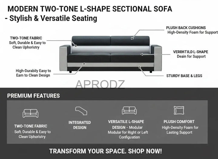 Translation missing: en.L-Shaped Sectional 6-Seater Sofa with Padded Armrest, Perfect Fabric Corner Sofa for Guests Living Room, Drawing Room, Office &amp; Lounge (Grey/Dual Tone) 