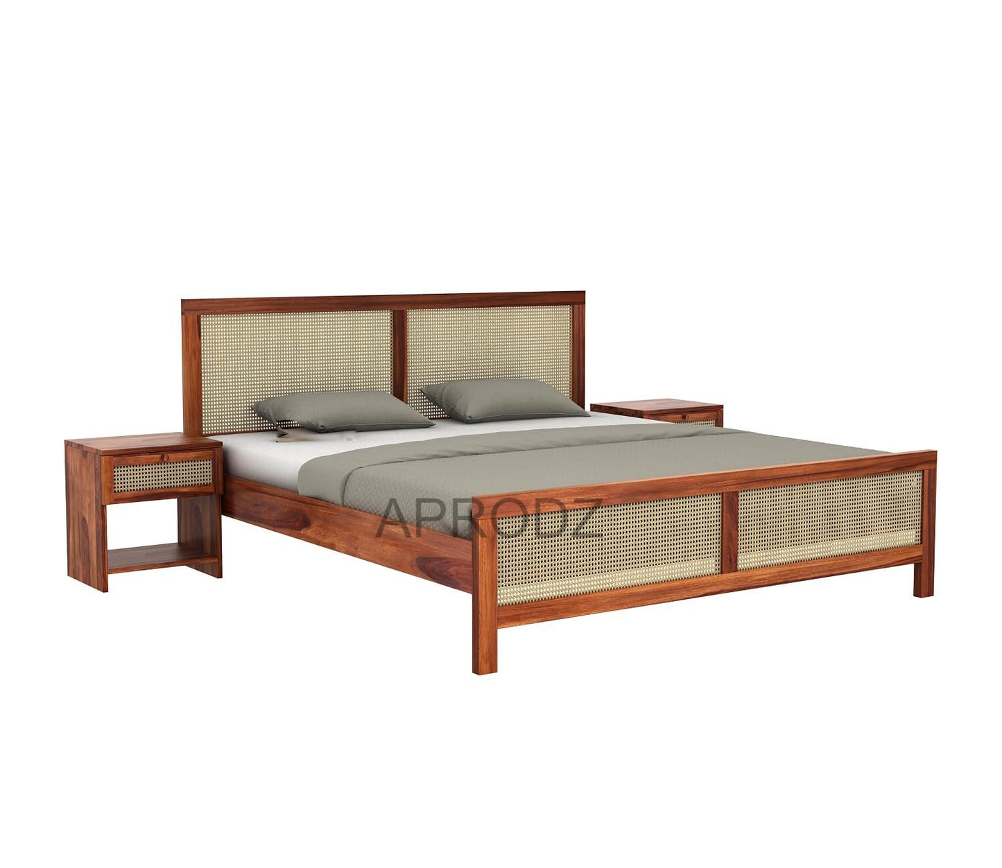 King Size & Queen Size Bed Frame with Cane Panels, Sheesham Wood, Modern Design 