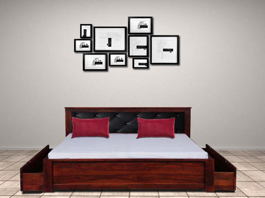 Sheesham Wood Ross Bed with 2 Drawers for Bedroom | Brown Finish