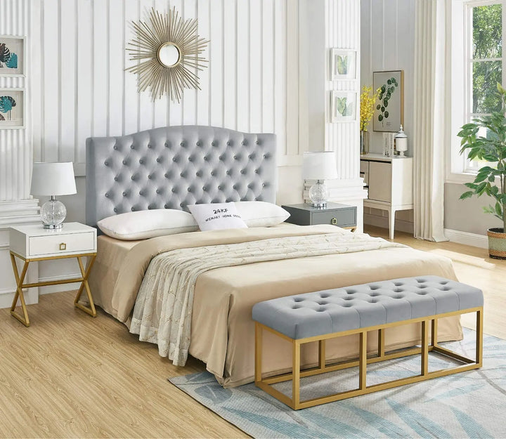 Translation missing: en.Tufted Long Upholstered Velvet and Metal Bench 
