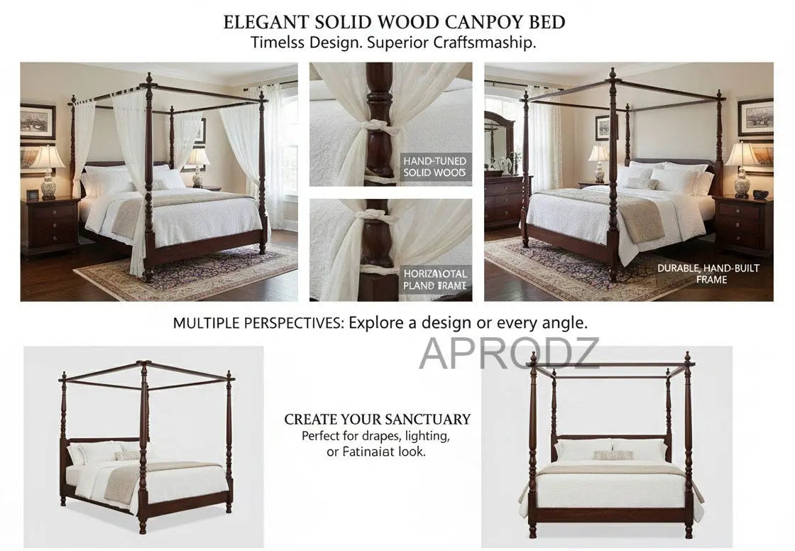 Sheesham Wood Four Poster Bed – King & Queen Size Wooden Bed, Dark Brown Finish 