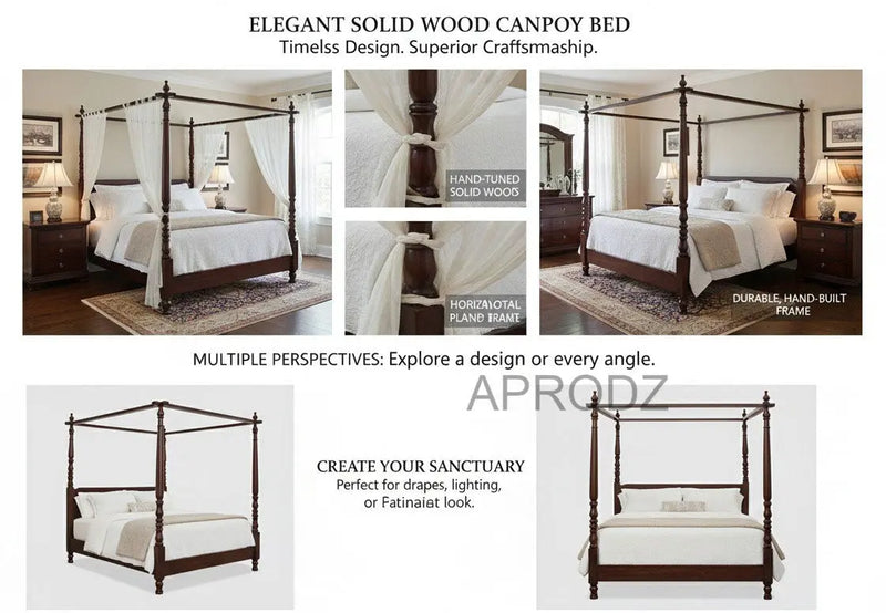 Sheesham Wood Four Poster Bed – King & Queen Size Wooden Bed, Dark Brown Finish 