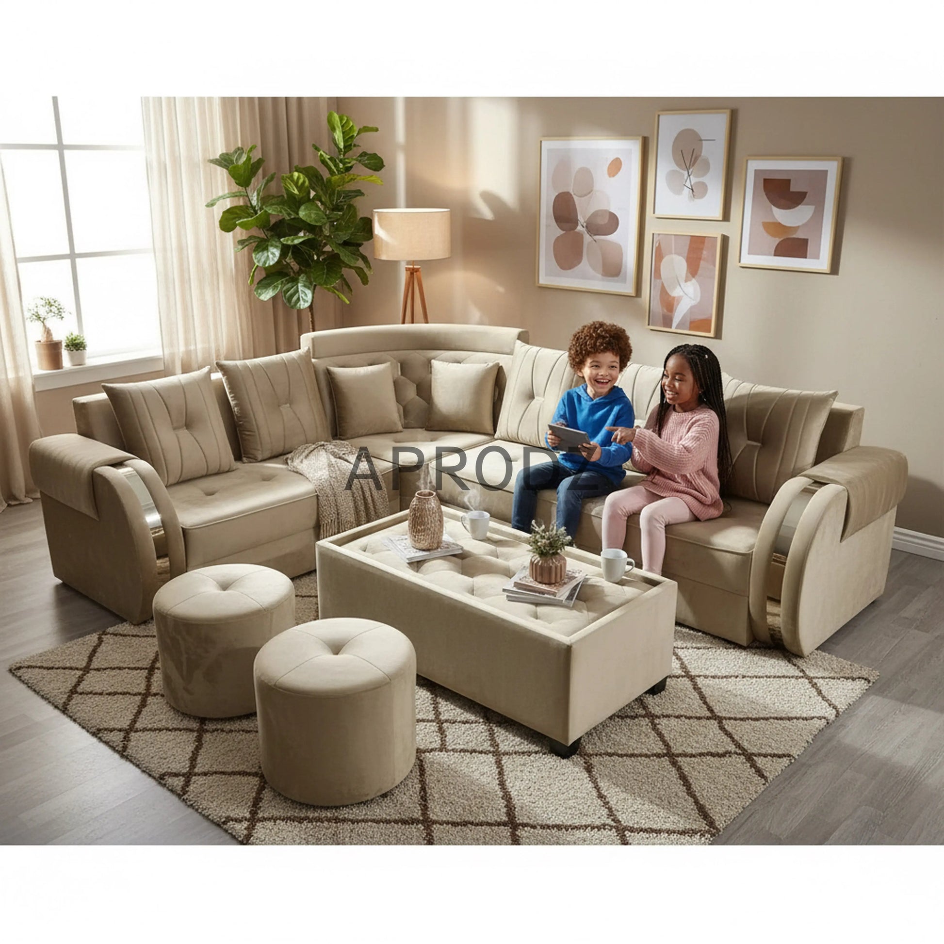 L-Shaped Sectional 6-Seater Sofa with Coffee Table & 2 Ottoman Stools Padded Armrest Perfect Fabric Corner Sofa for Guests Living Room, Drawing Room, Office & Lounge (Beige) 