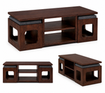 Modern Solid Sheesham Wood Coffee Table with 2 Cushioned Stools | Space Saving Center Table with Dual Storage Shelves for Living Room | Premium Brown Finish 