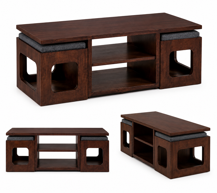 Translation missing: en.Modern Solid Sheesham Wood Coffee Table with 2 Cushioned Stools | Space Saving Center Table with Dual Storage Shelves for Living Room | Premium Brown Finish 