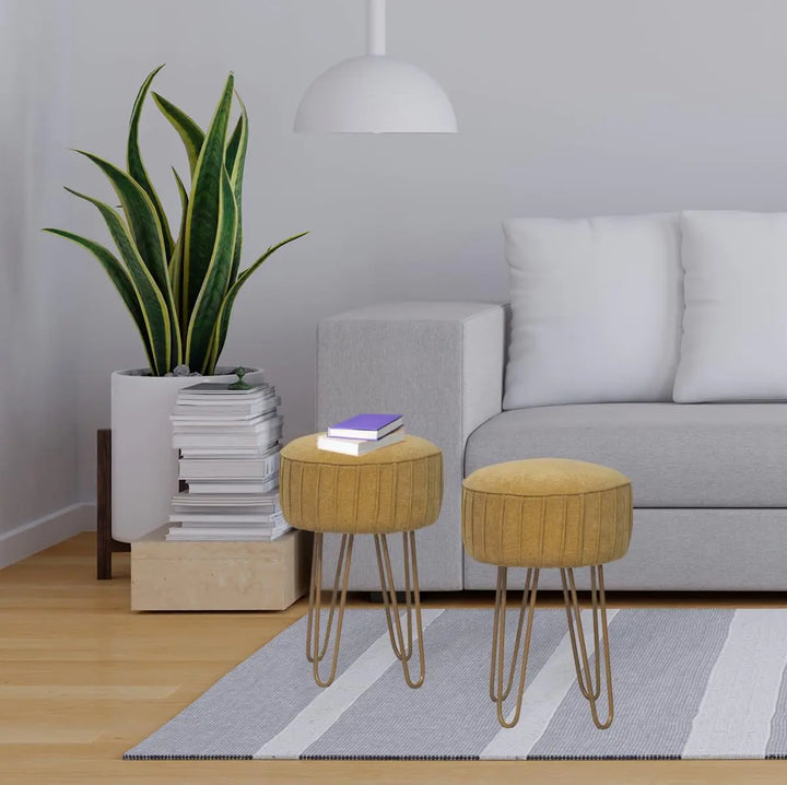 Translation missing: en.Upholstered and Steel Frame Puffy Stool Grass Green Fabric + Black Powdercoated - Set of 2 