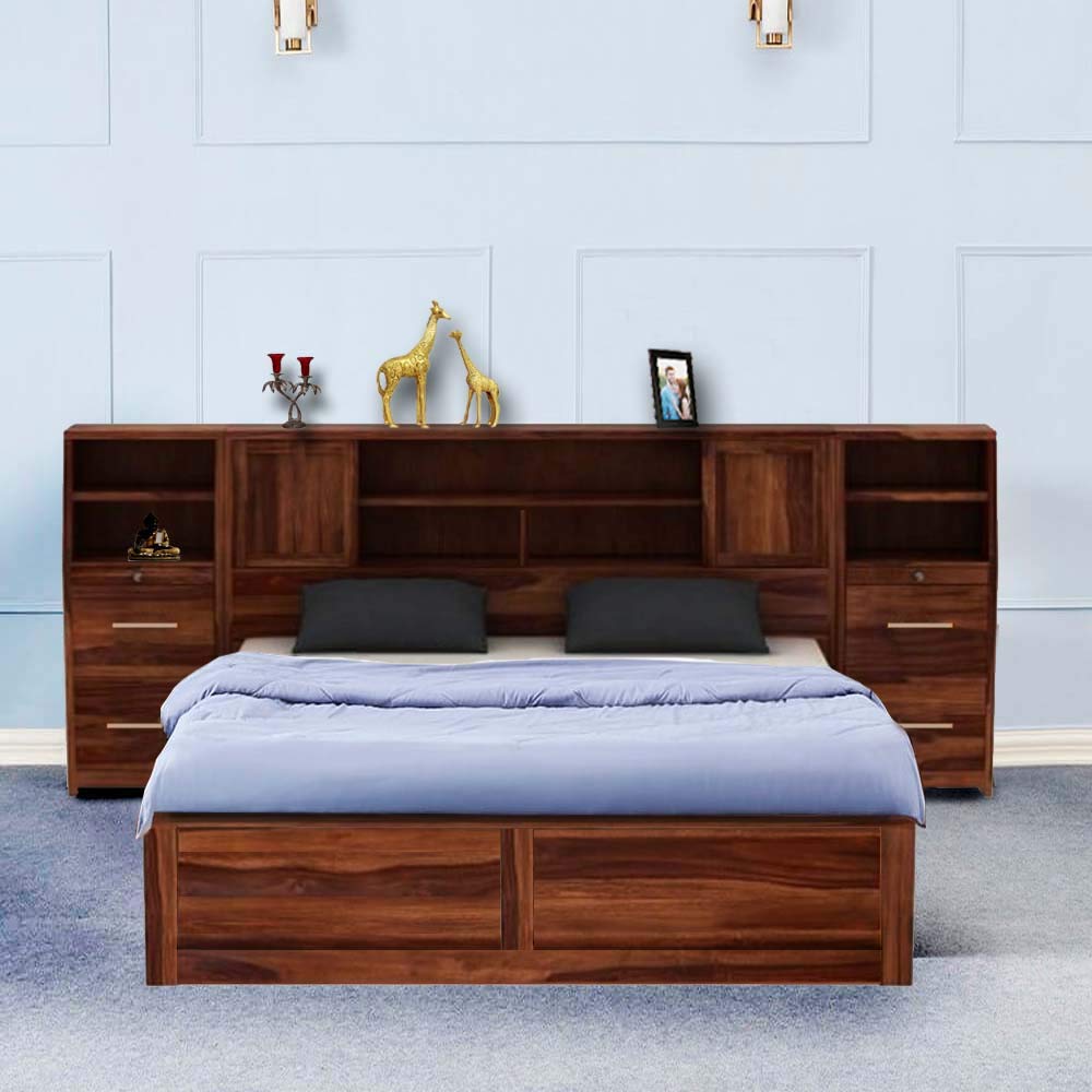 Sheesham Wood Trapez Hydraulic Bed with 2 Bedside 