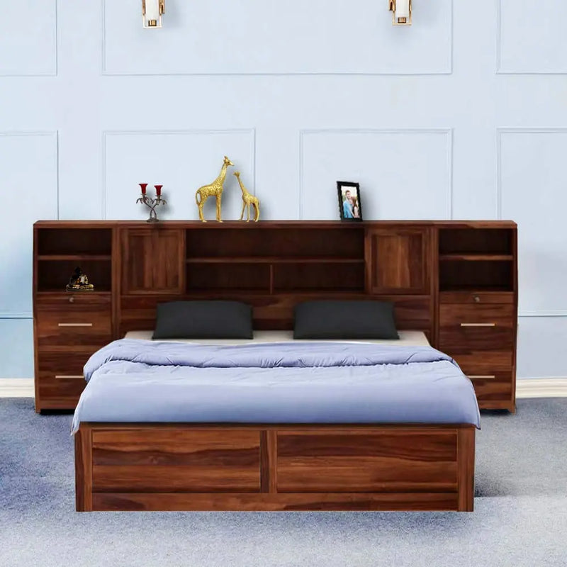 Sheesham Wood Trapez Hydraulic Bed with 2 Bedside 