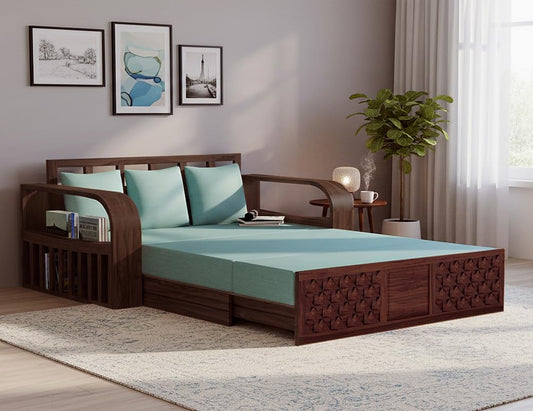 Sheesham Wood Sofa Cum Bed, 3 Seater with Blue Upholstery, Carved Panel Design (75 x69 x30 Inch)