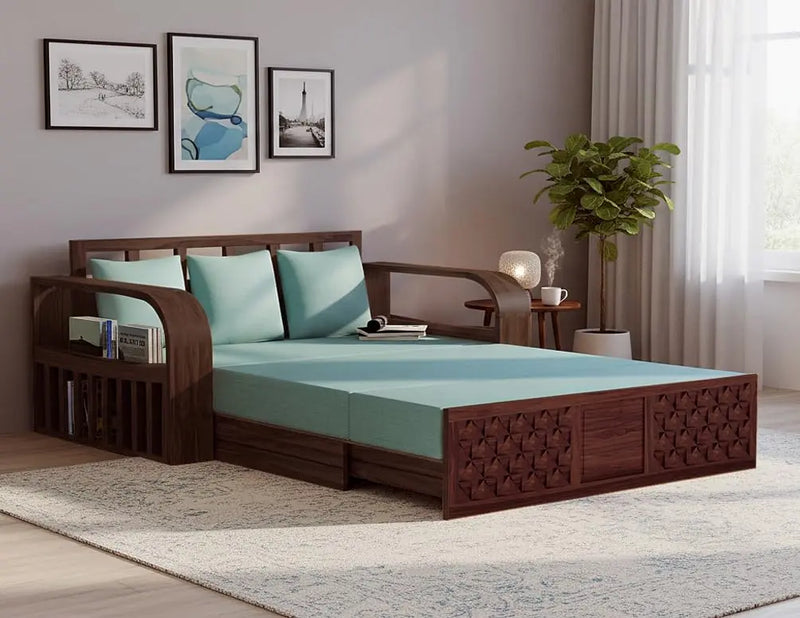 Sheesham Wood 3-Seater Sofa Cum Bed with Blue Upholstery and Carved Panel Design – Stylish, Comfortable, and Durable Convertible Sofa for Living Room  Sheesham Wood Sofa Cum Bed (3 Seater)