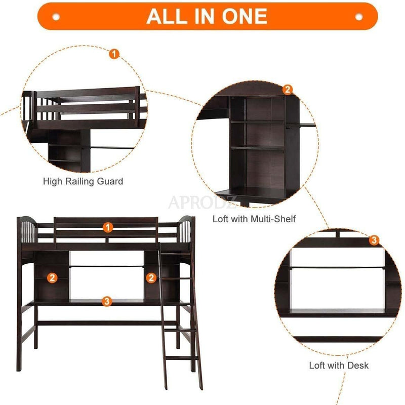 Acelea Twin Loft Mango Wood Bunk Bed with Desk Espresso Finish 