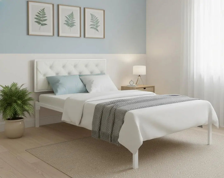 Translation missing: en.Single Size Bed with Upholstered Headboard | CR Steel Frame | Modern Platform Bed | Sturdy, Durable &amp; Noise-Free | No Box Spring Needed | Stylish Furniture 