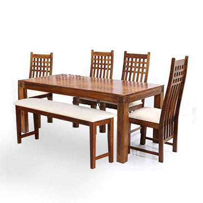 APRODZ Sheesham Wood Reyk 6 Seater Dining Table Set with 1 Bench & 4 Chairs for Home Dining Room Furniture (Brown Finish)